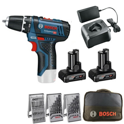 Wkrętarka akumulatorowa Bosch GSR 12V-15 (0615990HV1) zestaw 12 V, 2 x 4 Ah, ładowarka, akcesoria + torba
